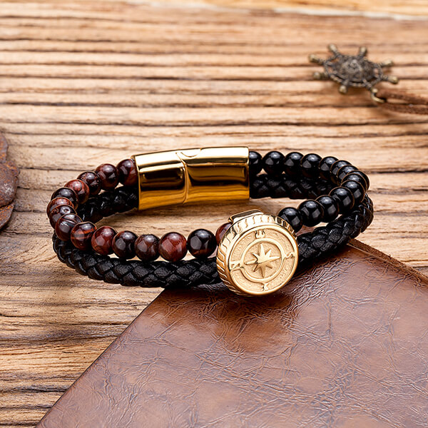 100% Original Tungsten Wood Wedding Band - Gold Punk Alloy Leather Bracelet for Men Braided Rope Bracelet Bangle – Ouyuan detail pictures