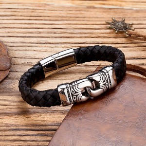 Stainless Steel Leather Bracelet Two-Tone Cowhide Viking Hammer Bangle Men