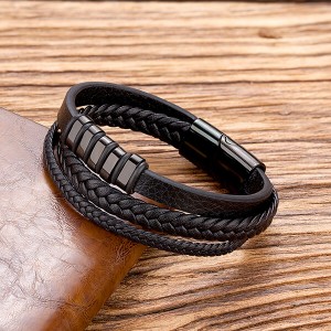 Stainless Steel Men’s Multi-Strand Braided Leather Wheat Chain Bracelet with Magnetic Closure