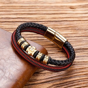 Mens Womens Hand-Made Multi-strand Black Red Braided Leather Bangle Bracelet