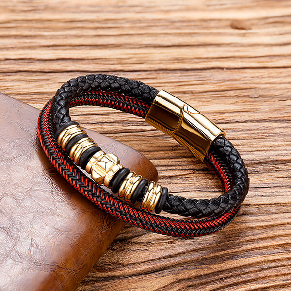 COOLSTEELANDBEYOND Mens Double-Row Braided Leather Bracelet Bangle  Wristband with Stainless Steel Ornaments