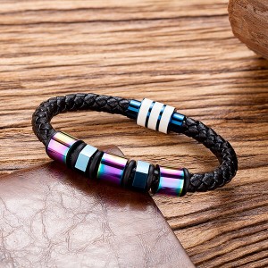 Stainless Steel Braided Leather Bracelet for Men Cuff Bracelet Magnetic Clasp