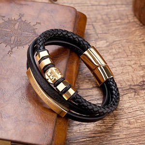 Mens Women Three-Strand Black Braided Leather Bracelet Bangle Wristband Steel Gold Ornaments
