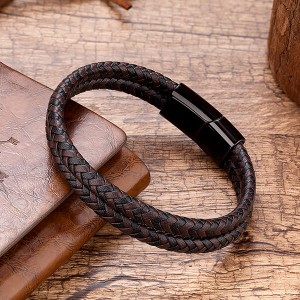 Men’s Two-Strand Braided High Quality Leather Wheat Chain Bracelet with Magnetic Closure