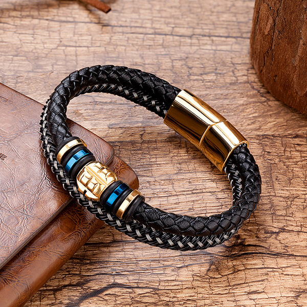 2020 wholesale price Prices For Tungsten Carbide Ring - Premium Leather Bracelet for Men in Black Magnetic Stainless Steel Clasp in Black and Gold – Ouyuan detail pictures