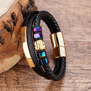 Stainless Steel Braided Leather Bracelet for Men Women Wristband Cuff Bangle Bracelet Magnetic Clasp