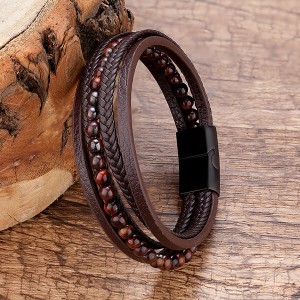 New Mens Bracelet Bead and Leather Braided Multi-Layer Braided and Magnetic Clasp