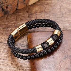 Black Obsidian Braided Leather Beads Bracelet with 316L Stainless Steel Magnetic Closure