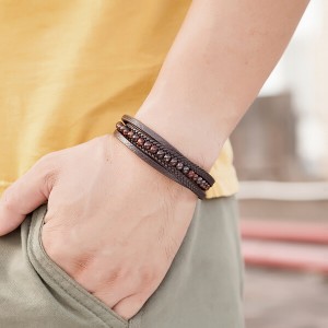 New Mens Bracelet Bead and Leather Braided Multi-Layer Braided and Magnetic Clasp