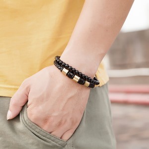 Black Obsidian Braided Leather Beads Bracelet with 316L Stainless Steel Magnetic Closure