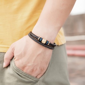 Premium Leather Bracelet for Men in Black Magnetic Stainless Steel Clasp in Black and Gold