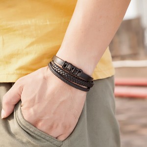 Stainless Steel Men’s Multi-Strand Braided Leather Wheat Chain Bracelet with Magnetic Closure