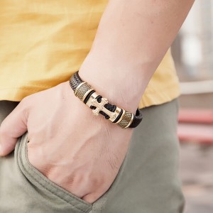 Men’s Cross Bracelet Lustrous Gold Finish Black Leather Rope Cord With Stainless Steel