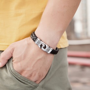 Stainless Steel Leather Bracelet Two-Tone Cowhide Viking Hammer Bangle Men