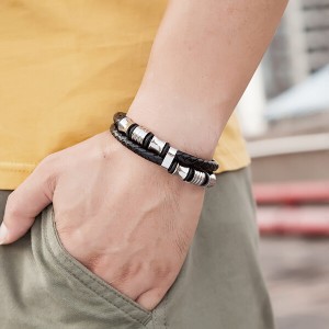 Mens Double-Row Black Braided Leather Bracelet Bangle Wristband with Black Stainless Steel Ornaments
