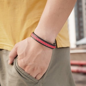 Steel Men’s Braided Red and Black Leather Cord Bracelet with Magnetic Closure