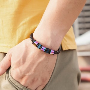 Stainless Steel Braided Leather Bracelet for Men Cuff Bracelet Magnetic Clasp