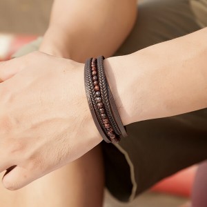 New Mens Bracelet Bead and Leather Braided Multi-Layer Braided and Magnetic Clasp