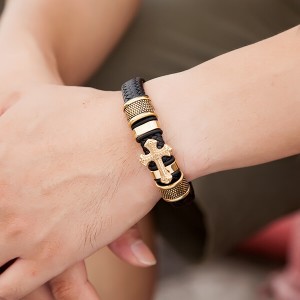 Men’s Cross Bracelet Lustrous Gold Finish Black Leather Rope Cord With Stainless Steel