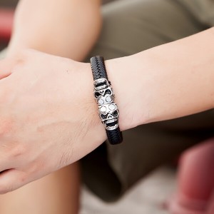 Customade Leather Bracelet Skull Bracelet For Men Stainless Steel Black Leather