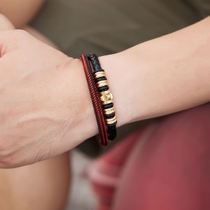 Mens Womens Hand-Made Multi-strand Black Red Braided Leather Bangle Bracelet