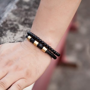 Black Obsidian Braided Leather Beads Bracelet with 316L Stainless Steel Magnetic Closure