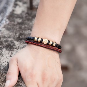 Mens Womens Hand-Made Multi-strand Black Red Braided Leather Bangle Bracelet