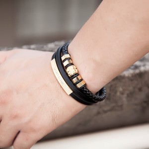 Mens Women Three-Strand Black Braided Leather Bracelet Bangle Wristband Steel Gold Ornaments