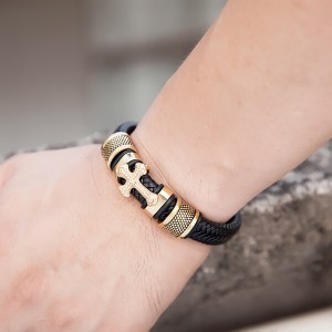 Men’s Cross Bracelet Lustrous Gold Finish Black Leather Rope Cord With Stainless Steel