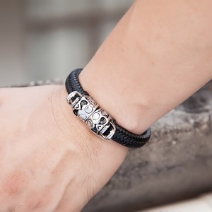 Customade Leather Bracelet Skull Bracelet For Men Stainless Steel Black Leather