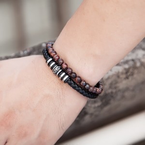 New Bracelet Bead and Leather Braided Bead Leather Bracelet for Men