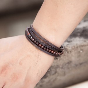 New Mens Bracelet Bead and Leather Braided Multi-Layer Braided and Magnetic Clasp