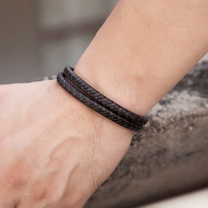 Men’s Two-Strand Braided High Quality Leather Wheat Chain Bracelet with Magnetic Closure