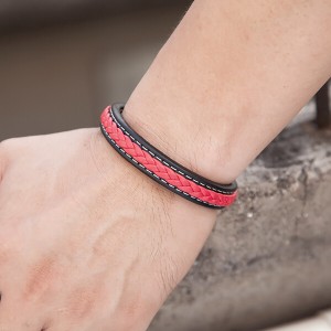 Steel Men’s Braided Red and Black Leather Cord Bracelet with Magnetic Closure