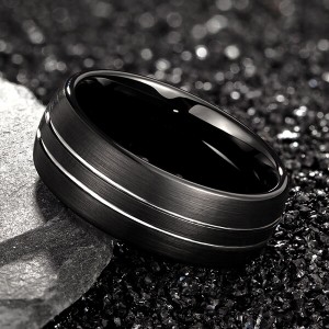 Men 8mm Black Tungsten Carbide Rings Polished Beveled Edge Double Groove Wedding Bands