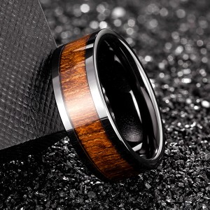 Men’s Black Ceramic Flat Top Wedding Band Ring with Real Koa Wood Inlay, 9MM Comfort Fit