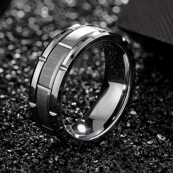 Factory For Tungsten Carbide Ring Price Difference - Tungsten Rings for Men Wedding Band Silver Brick Pattern Brushed Engagement Promise – Ouyuan detail pictures