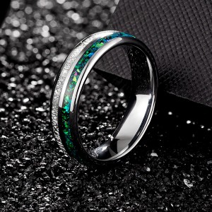 Tungsten Carbide Wedding Ring Real green Opal & silver Meteorite Inlay Wedding Band High Polished Comfort Fit