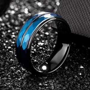 Hammer 8mm Blue Hammered Tungsten Carbide Ring Black Two Tone Wedding Band Groove Step Edge