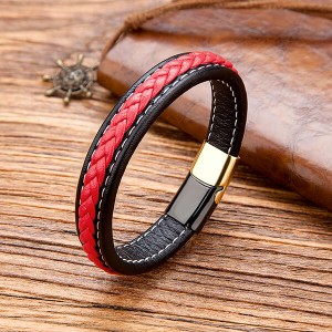 Steel Men’s Braided Red and Black Leather Cord Bracelet with Magnetic Closure