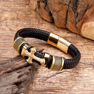 Men’s Cross Bracelet Lustrous Gold Finish Black Leather Rope Cord With Stainless Steel