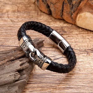 Stainless Steel Leather Bracelet Two-Tone Cowhide Viking Hammer Bangle Men