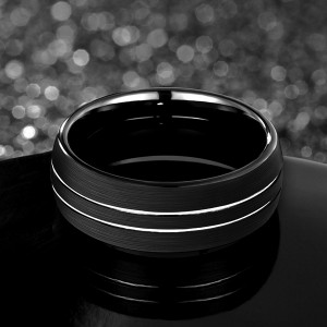 Men 8mm Black Tungsten Carbide Rings Polished Beveled Edge Double Groove Wedding Bands