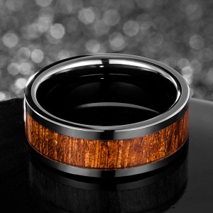 Men’s Black Ceramic Flat Top Wedding Band Ring with Real Koa Wood Inlay, 9MM Comfort Fit