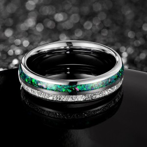 Tungsten Carbide Wedding Ring Real green Opal & silver Meteorite Inlay Wedding Band High Polished Comfort Fit