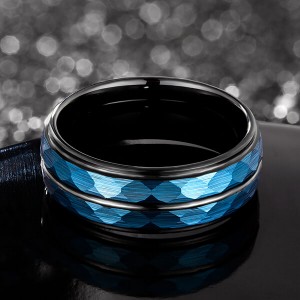 Hammer 8mm Blue Hammered Tungsten Carbide Ring Black Two Tone Wedding Band Groove Step Edge