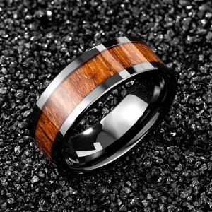 Men’s Black Ceramic Flat Top Wedding Band Ring with Real Koa Wood Inlay, 9MM Comfort Fit
