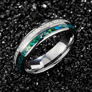 Tungsten Carbide Wedding Ring Real green Opal & silver Meteorite Inlay Wedding Band High Polished Comfort Fit