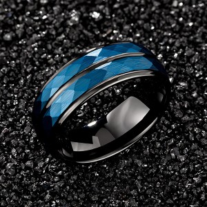 Hammer 8mm Blue Hammered Tungsten Carbide Ring Black Two Tone Wedding Band Groove Step Edge