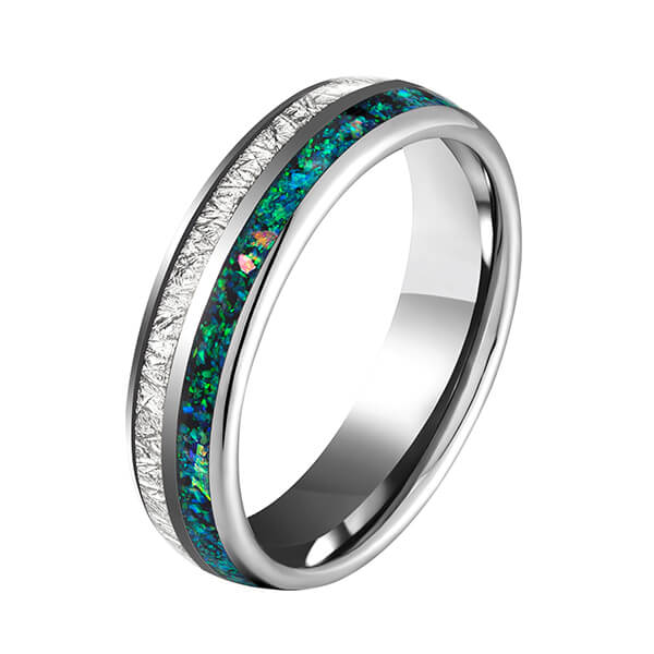 Tungsten Carbide Wedding Ring Real green Opal & silver Meteorite Inlay Wedding Band High Polished Comfort Fit Featured Image